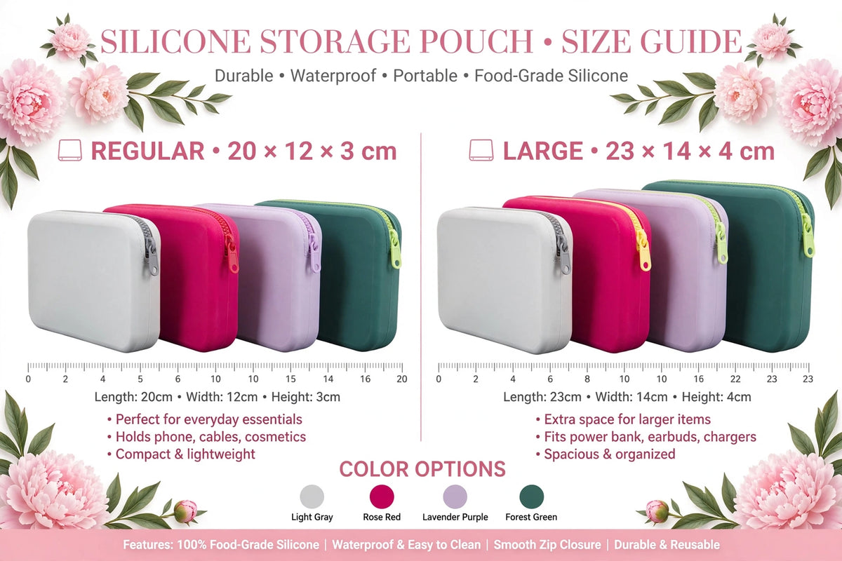 📏  - Silicone Storage Pouch

We offer 2 sizes to fit your needs:

┌─────────────────────────────────────────┐
│  REGULAR SIZE (Most Popular)            │
│  Size: 20 x 12 x 3 cm                   │
│  Inches: 7.9 x 4.7 x 1.2 inches         │
│