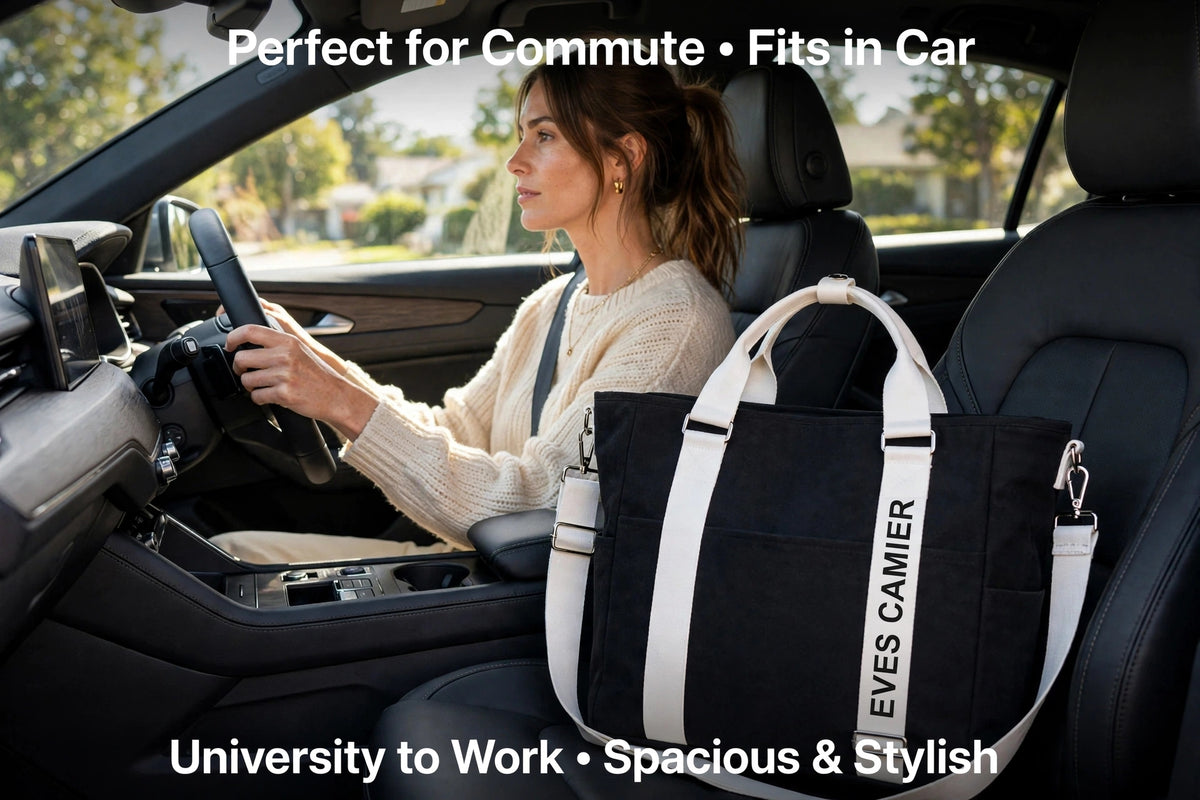 Perfect for Car & Commute
EVES CAMIER - Spacious & Stylish
Size: 27.5x27.5x11cm - Fits everything for commute
Water Resistant Nylon - Ideal for car, university, work