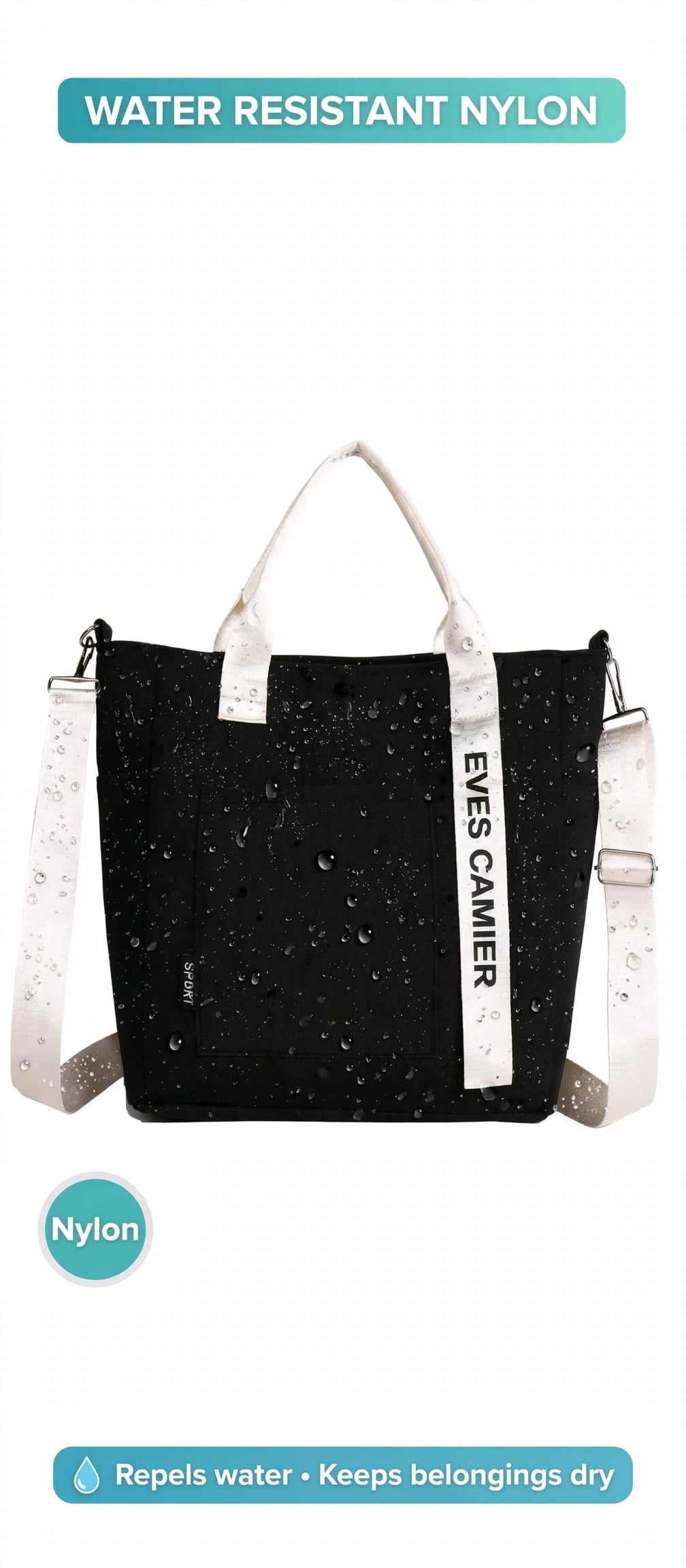 Perfect for Car & Commute
EVES CAMIER - Spacious & Stylish
Size: 27.5x27.5x11cm - Fits everything for commute
Water Resistant Nylon - Ideal for car, university, work